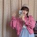 Korean Chic Oversized Denim Jacket – Cropped, Puff Sleeve, Multi-Pocket, Lapel Collar (One Size, Dark/Light Blue/Pink, 90s Retro Streetwear)_ecoleips.com
