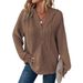 Women's Waffle Knit Drawstring Button V-Neck Long Sleeve Hoodie_ecoleips.com