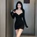 Women Long Sleeve Square Neck Wrap Hip Dress Sexy Low Cut Bodycon Tight Party Club Night Short Dress Going Out Outfits Dress_ecoleips.com