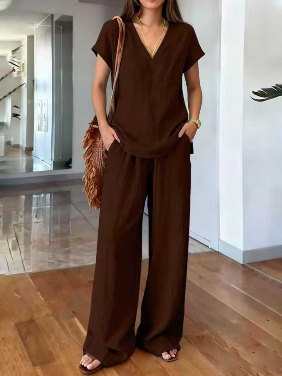 Women's Clothing Summer Fashion Women's Solid Color Suit Set Solid Color Elegant Commuting Style Cotton V Neck Sleeveless Top Vest_ecoleips.com