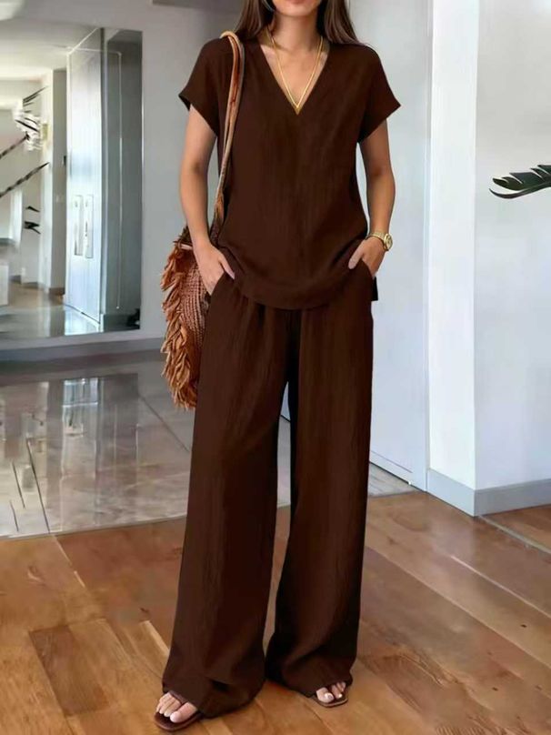 Women's Clothing Summer Fashion Women's Solid Color Suit Set Solid Color Elegant Commuting Style Cotton V Neck Sleeveless Top Vest_ecoleips.com