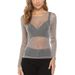 Women's High Elastic Silver Wire Hollow Long Sleeved Top Sexy Mesh Perspective Hoodie T-shirt_ecoleips.com