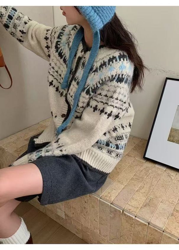 Fair Isle Knit Cardigan – Cozy Oversized Open-Front Sweater (Acrylic-Polyester Blend, Round Neck, Drop Shoulder, Long Sleeve)_ecoleips.com