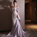 Women's Clothing Purple Fishtail Evening Dress New Heavy Pearl French Host One Shoulder Toast Dress Light Wedding Dress_ecoleips.com