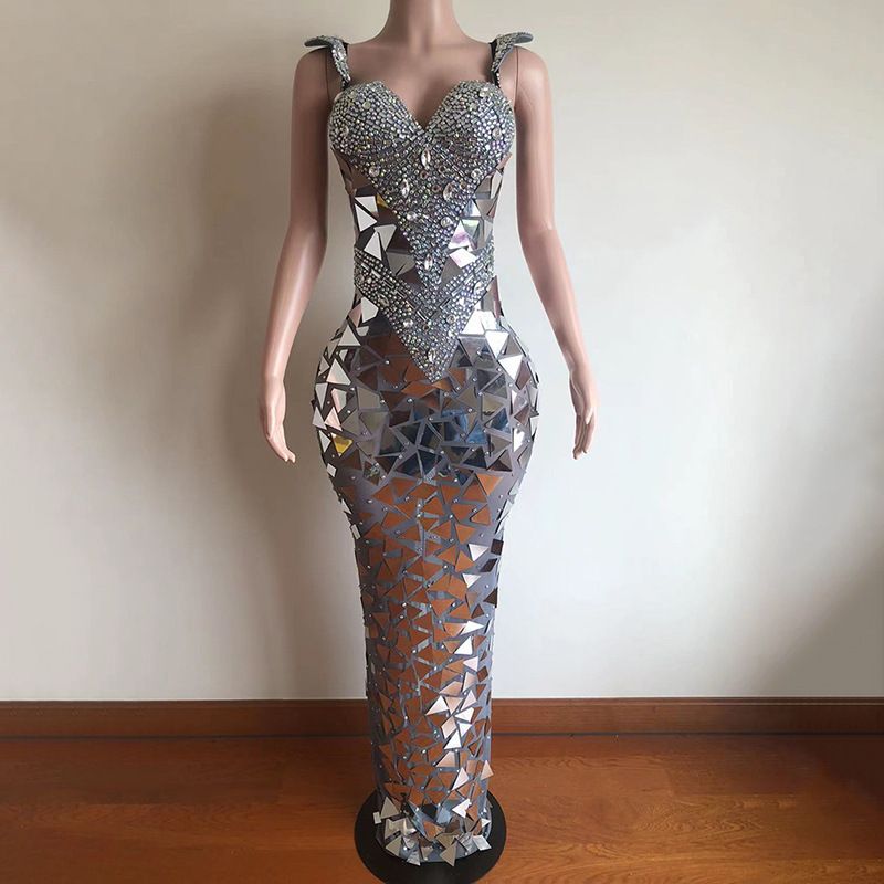 Diamond Mirror Dress Elegant Red Carpet Gown With Rhinestone Lens Design Spaghetti Straps Slim Waist And Flattering Fit Women's Party Wear_ecoleips.com