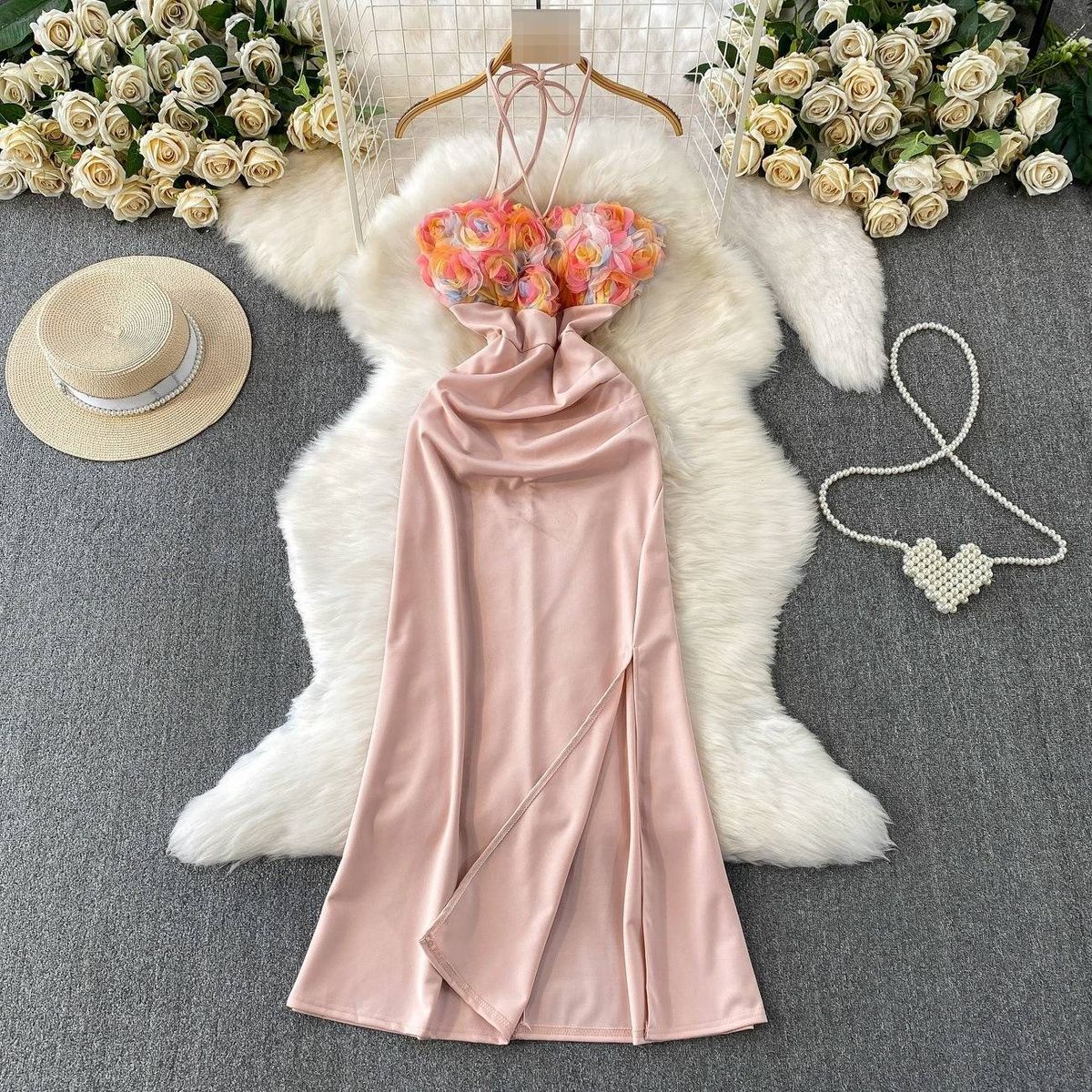 Unique High-End Three Dimensional Floral Strapless Halter Dress Elegant Autumn Slit Wedding Gown For Women_ecoleips.com
