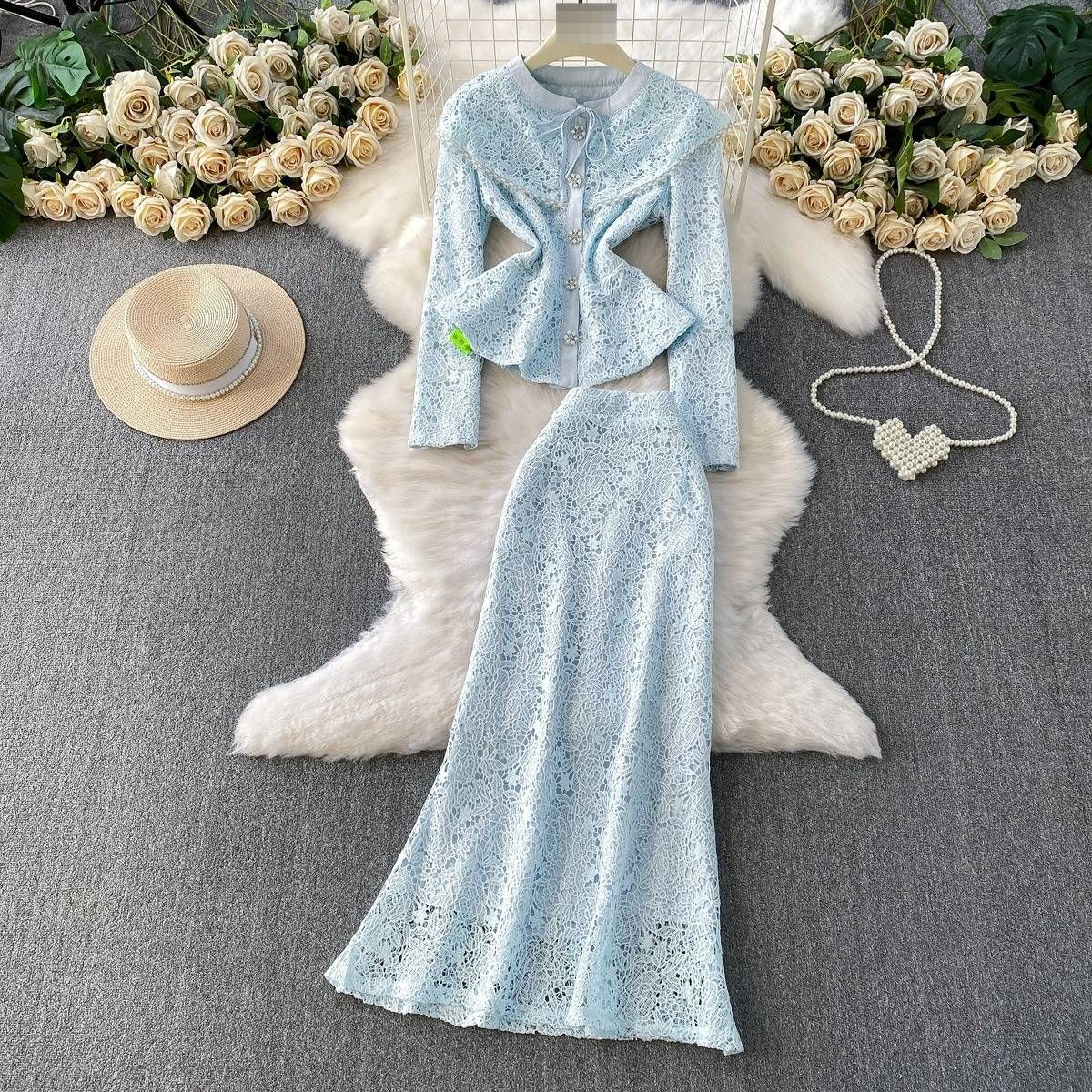 Women's Elegant Crochet Lace Two Piece Set Pearl Button Blouse High-Waisted Slimming Skirt Sophisticated Round Neck Design_ecoleips.com