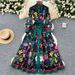 Elegant Retro Fashion Print Dress for Women Stand Collar Single Breasted with Tie Waist Full Skirt European And American Style_ecoleips.com