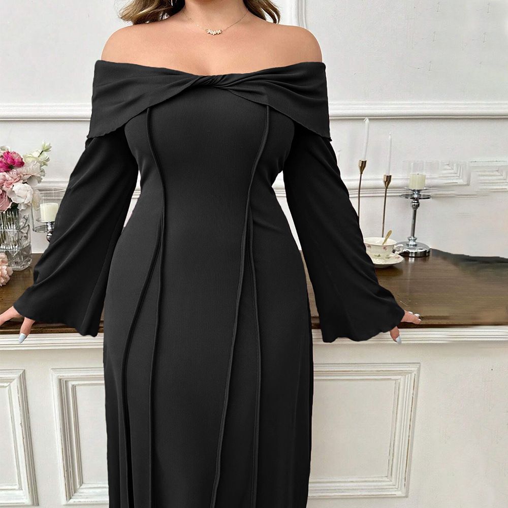Women's Clothing Large Size Women's Elegant Intellectual Style Dress Autumn And Winter One Shoulder Royal Sister Temperament Midi Dress_ecoleips.com