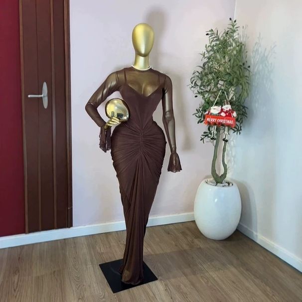 Women's European And American Style Long Dress Mesh Pleated with Spliced Long Sleeves Fashionable Elegant Available Now_ecoleips.com