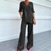 Women's Elegant Casual Two Piece Set European And American Style Solid Color Cotton And Linen Blend Cross Border Fashion_ecoleips.com