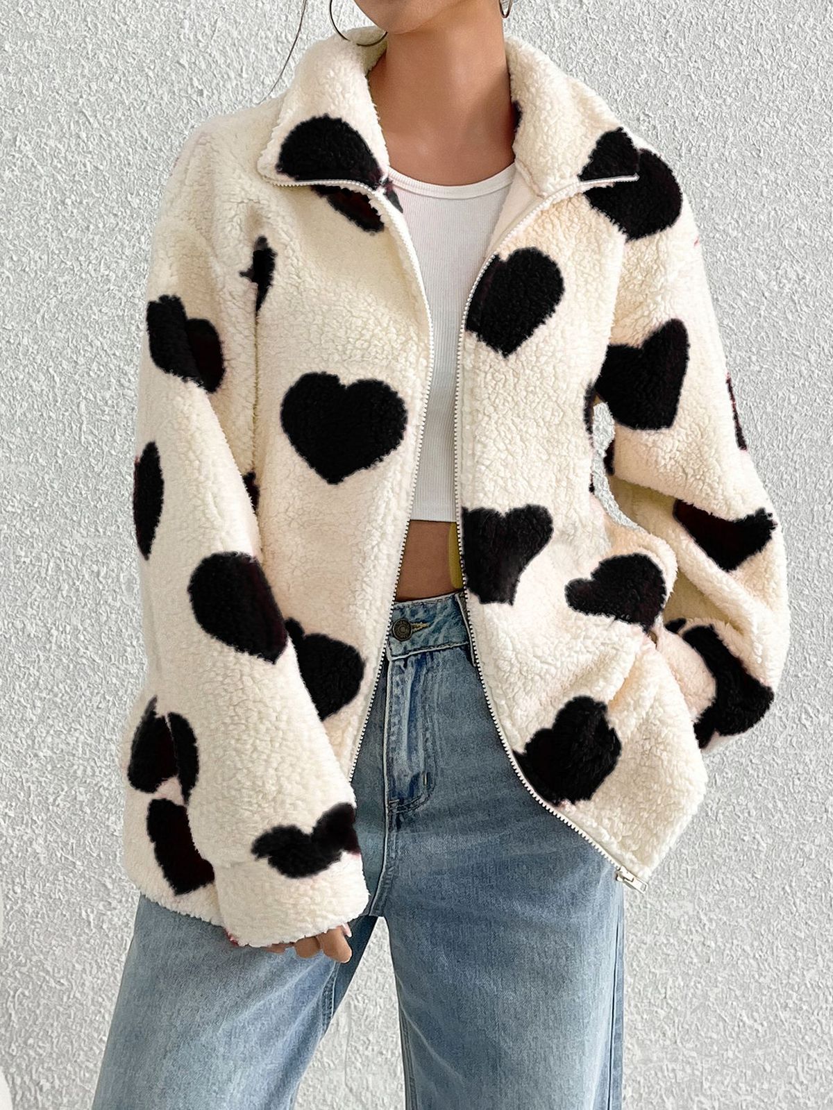 Fluffy Women's Winter Cardigan With Loose-Fitting Long Sleeves, Zipper, And Heart-Shaped Print_ecoleips.com