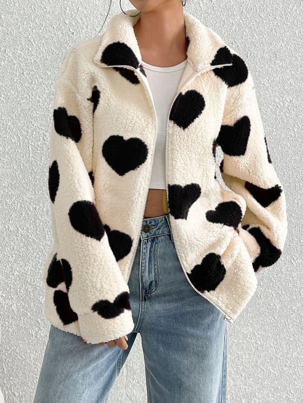 Fluffy Women's Winter Cardigan With Loose-Fitting Long Sleeves, Zipper, And Heart-Shaped Print_ecoleips.com