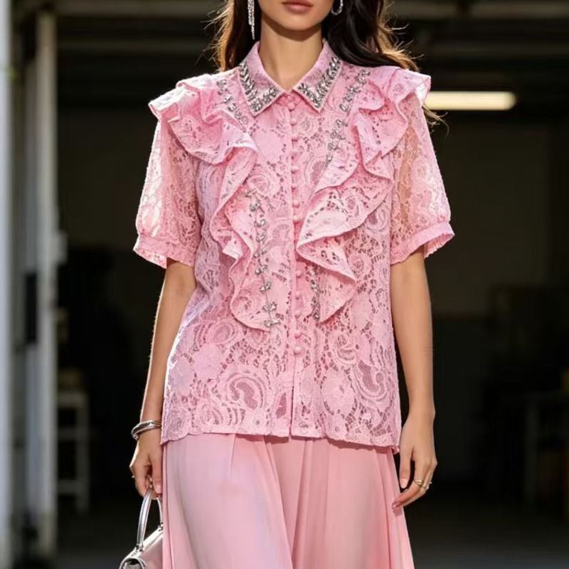 Korean Style Heavy Duty Ruffled Lace Blouse Rhinestone Embellished Slim Fit Single Breasted Hollowed Out Design Women's Top_ecoleips.com