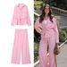 Women's Clothing Waist Slim V Neck Chiffon Long Sleeved Top Simple Wide Leg Casual Trousers Suit_ecoleips.com