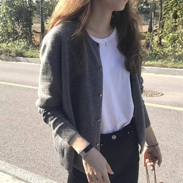 Spring And Autumn Knitted Sweater Cardigan Women's Large Size Fat Slightly Fat Gray Slim Round Neck Outerwear Top Coat Winter_ecoleips.com