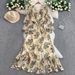 Women's Clothing Positioning Printing V Neck Long Sleeved Dress For Women Summer Waist Slim Ruffled Long Skirt_ecoleips.com