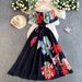 Elegant Off The Shoulder Ruffle Dress French Style Vacation Inspired Floral Print Cinched Waist Flowing Skirt For Spring And Summer_ecoleips.com