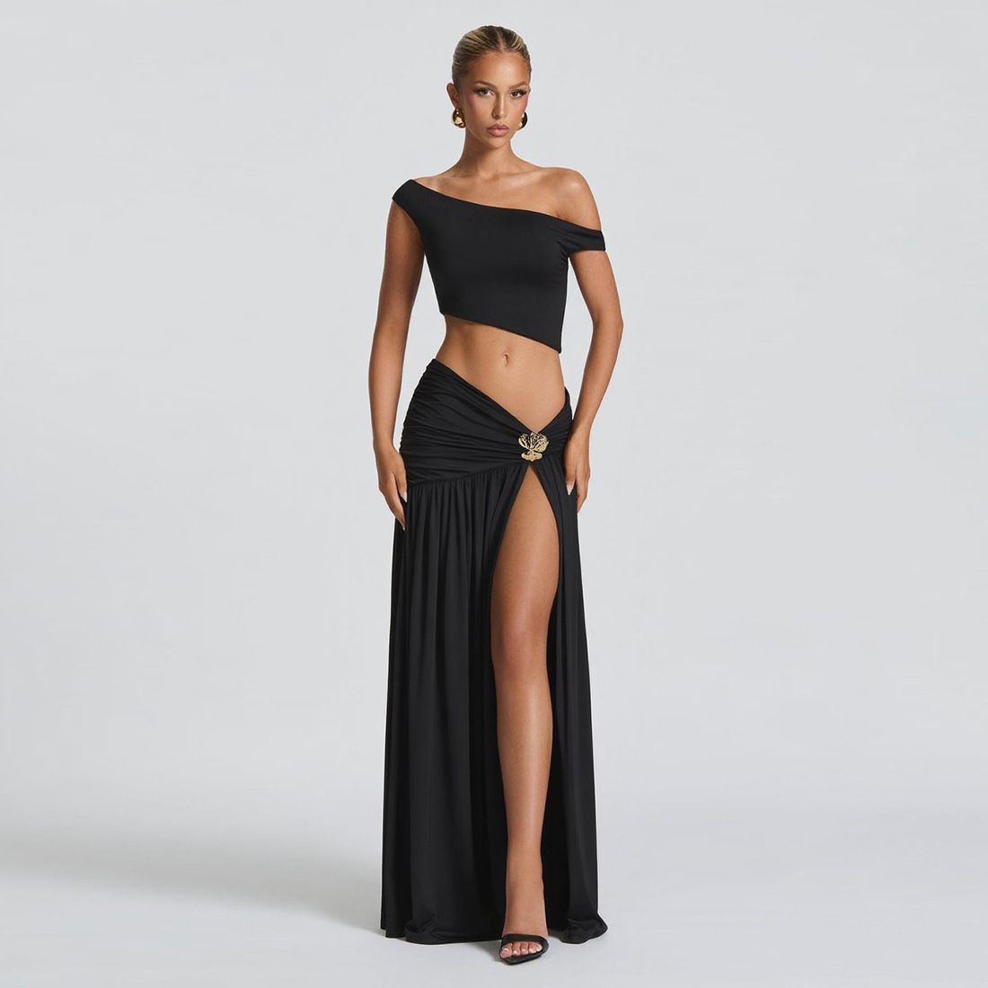 Women's Clothing Summer Women's Sexy Off Shoulder Crop Top And Slim Fit Side Slit Skirt Set Style For Formal & Casual_ecoleips.com