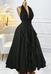 Curvy Women Solid Halter Midi Dress, Bow Ruffle Wavy Hem Elegant Sundress For Vacation Birthday Party Club Music Festival Spring Summer_ecoleips.com