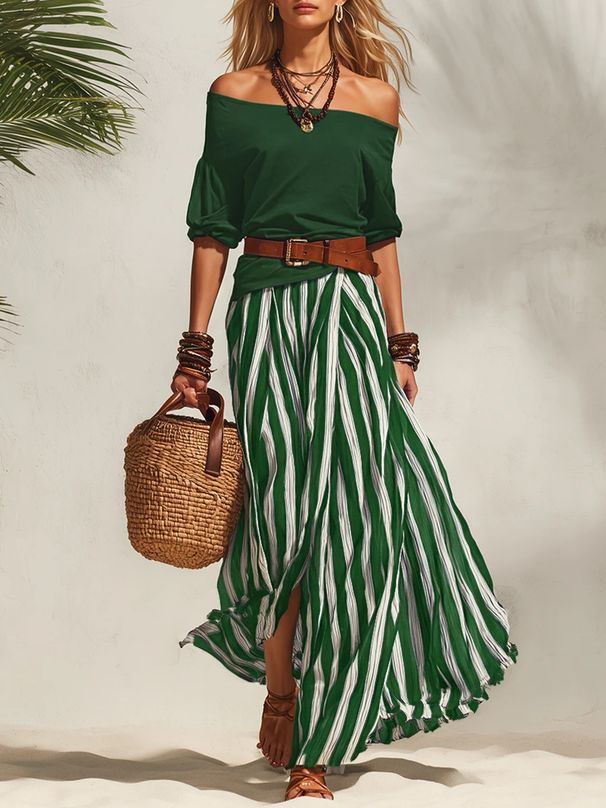 Women's Clothing Women's Nautical Resort Style Set Off Shoulder Top And Slit Skirt Spring/Summer Top Skirt Ensemble_ecoleips.com