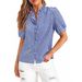 Women's Plaid Lace Design Shirt V Neck Short Sleeve French Ruffle Trim Elegant Fashion Top for Spring Summer_ecoleips.com