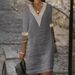 Women's Solid Color V Neck mid Sleeve Casual Dress Cotton And Linen Blend Independent Website Hot Selling 2023 European And American Style_ecoleips.com