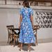 Elegant Long Dress For Women Large Floral Design Multi Layer Ruffles Blue Style_ecoleips.com