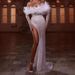 Luxury Wedding Dress Mermaid Strapless One Shoulder Feather Pearl Floor Length High Slit See Through Sexy Wedding Dress_ecoleips.com