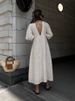 Freeacy Women's Solid Color Cotton And Linen Dress V-neck Puff Sleeves Buttoned Loose Fit Midi Dress Autumn Casual A-line Dress_ecoleips.com