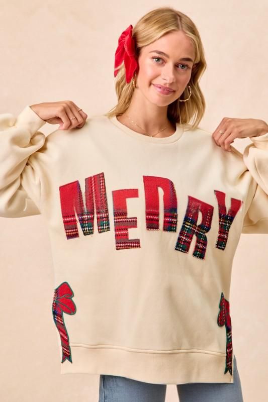 Women's Clothing Christmas Bow Embroidered Side Slit Pullover Sweatshirt - Cozy Casual Long Sleeve Collar Top (White Pink, White Red, Red)_ecoleips.com