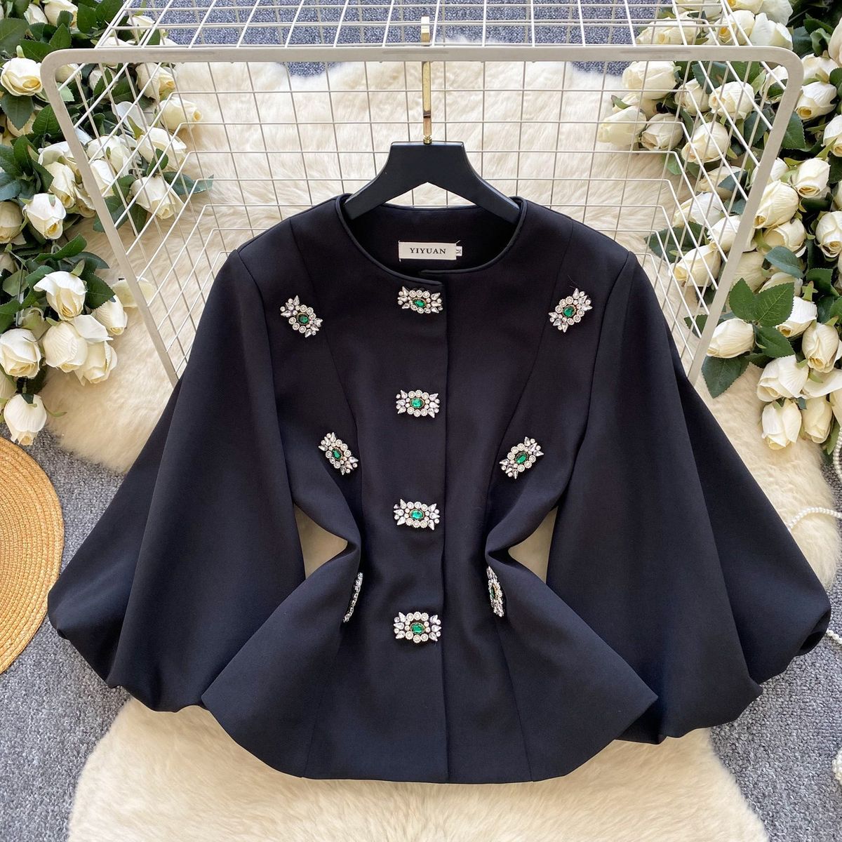 Elegant Women’s Spring/Autumn Jacket – Embellished Bouclé Top With Lantern Sleeves & Waist Tie, Chic & Versatile_ecoleips.com