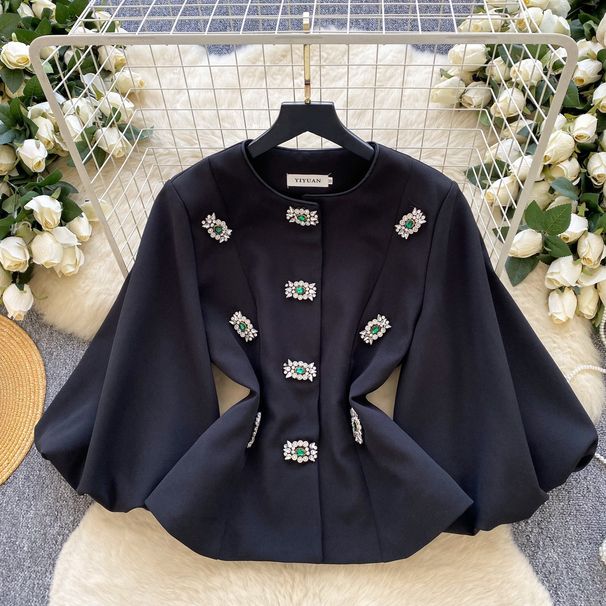 Elegant Women’s Spring/Autumn Jacket – Embellished Bouclé Top With Lantern Sleeves & Waist Tie, Chic & Versatile_ecoleips.com