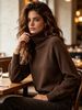 Dark Brown Turtleneck Pit Rib Knit Sweater, Loose Lightweight Breathable Soft Skin-touch Long Sleeve Pullover_ecoleips.com