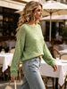 Mint Green Boat Neck Hollow Pit Rib Knit Sweater, Loose Lightweight Breathable Micro Hole Soft Skin-touch Long Sleeve Pullover_ecoleips.com
