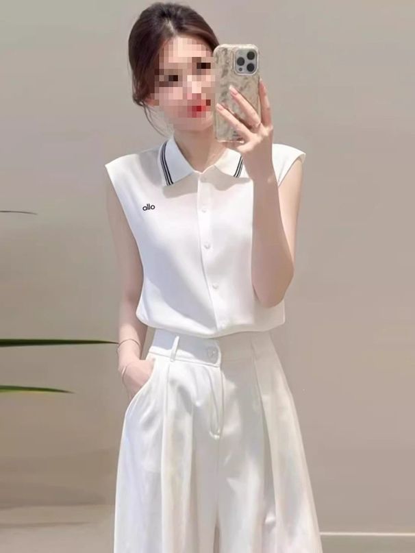 French-Style Vintage White Off-The-Shoulder Top With A Super Stylish Design, Summer Striped Polo Collar Sleeveless Shirt_ecoleips.com