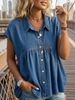 Women's Cap Sleeve Denim Blouse, Casual Loose Pleated Babydoll Shirt, Button Down Collared Peplum Top For Daily Streetwear Summer Everyday Wear, Soft_ecoleips.com