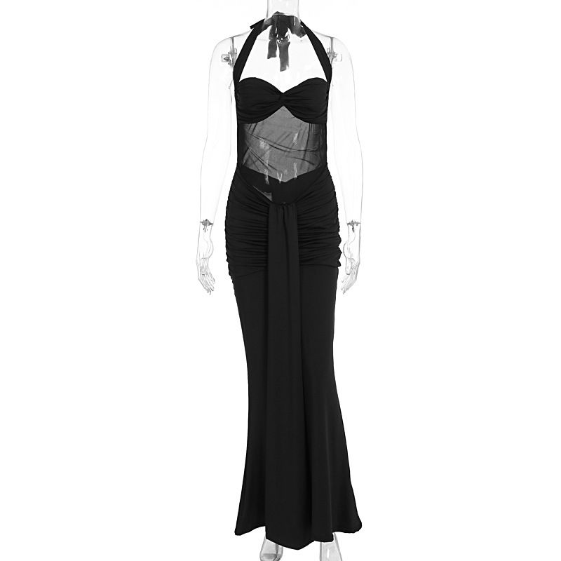 Sexy Fashion Patchwork Sheer Halter Dress New 2024 Summer Collection Women Casual Daily Party Bodycon Dress_ecoleips.com