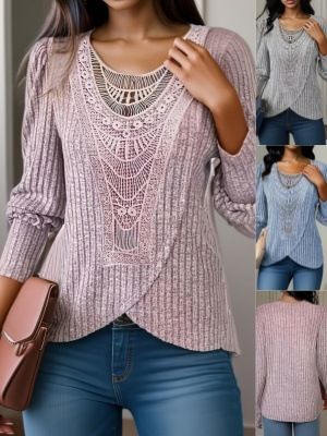 Women's Clothing Autumn Solid Color Lace Stitching Round Neck Women's Long Sleeve T_ecoleips.com