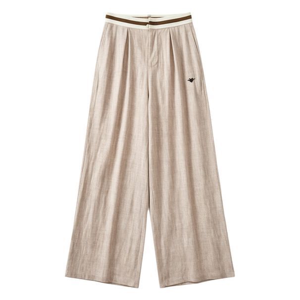 Old Qian High-Waist Minimalist Embroidered Bee Pattern Linen Pants Wide Leg Elastic Waistband Loose Fit Women's Bottoms_ecoleips.com