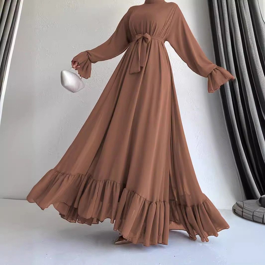 Women’s Clothing Muslim New Chiffon Solid Color Long Belt Fashion Elegant Dress_ecoleips.com