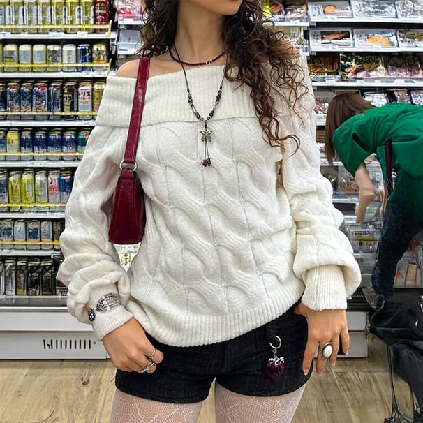 Diyun European And American Simple Fashion Off-Shoulder Long Sleeve Sweater Knitted Women's Clothing 2025_ecoleips.com
