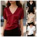 Women's Clothing Women's Satin Slimming Top V Neck Drawstring Waist Spring Summer For Formal & Casual For Women_ecoleips.com