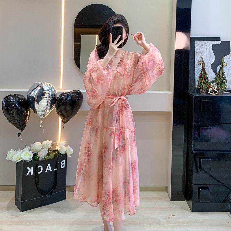 New Seed Dream Gilt French Vintage Floral V-Neck Dress Loose And Slim Lazy Style Long Skirt_ecoleips.com