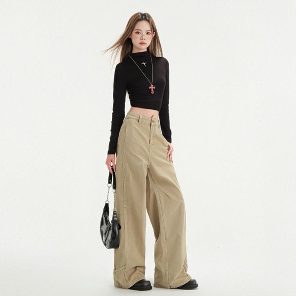 American Patchwork Design Jeans For Women's Spring New Style Khaki Loose Wide Straight Leg Pants_ecoleips.com