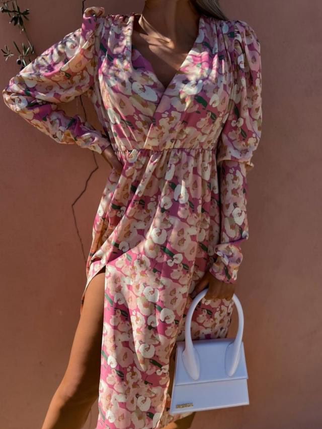 Women's Loose Long Sleeve V Neck Slim Waist Printed Dress Spring Summer_ecoleips.com