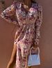 Women's Loose Long Sleeve V Neck Slim Waist Printed Dress Spring Summer_ecoleips.com