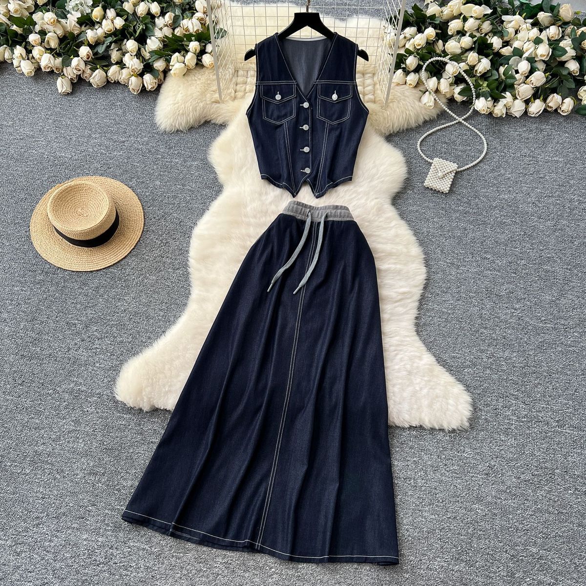 Women's Clothing Summer Outfit For Women Retro Sleeveless V Neck Denim Vest, High Waist Drape Skirt, Two Piece Suit_ecoleips.com
