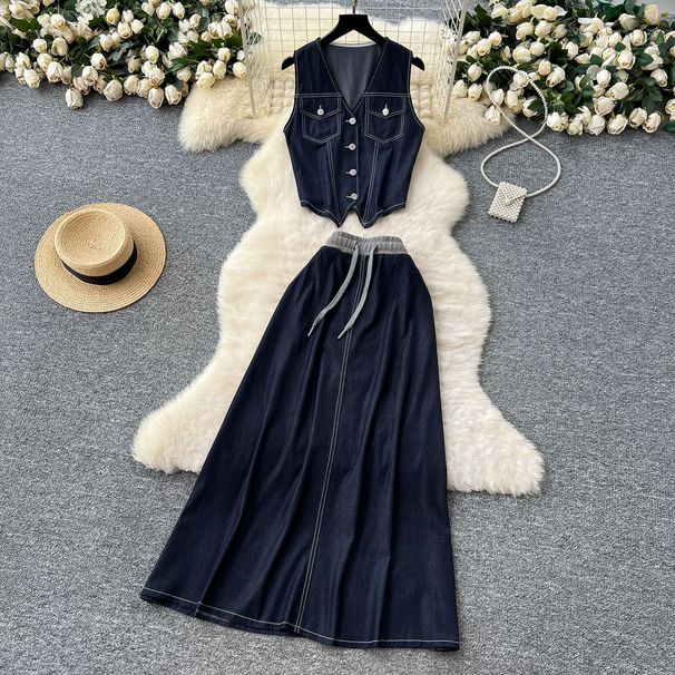 Women's Clothing Summer Outfit For Women Retro Sleeveless V Neck Denim Vest, High Waist Drape Skirt, Two Piece Suit_ecoleips.com