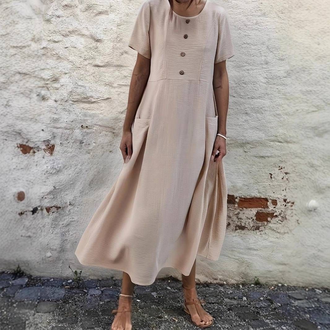 Women's Clothing Casual Loose Long Sleeve V Neck Pocket Party Cotton And Linen Dress For Women_ecoleips.com